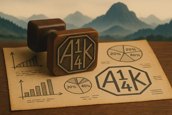 A photorealistic render of a old-style woodblock stamp of the A14K logo.